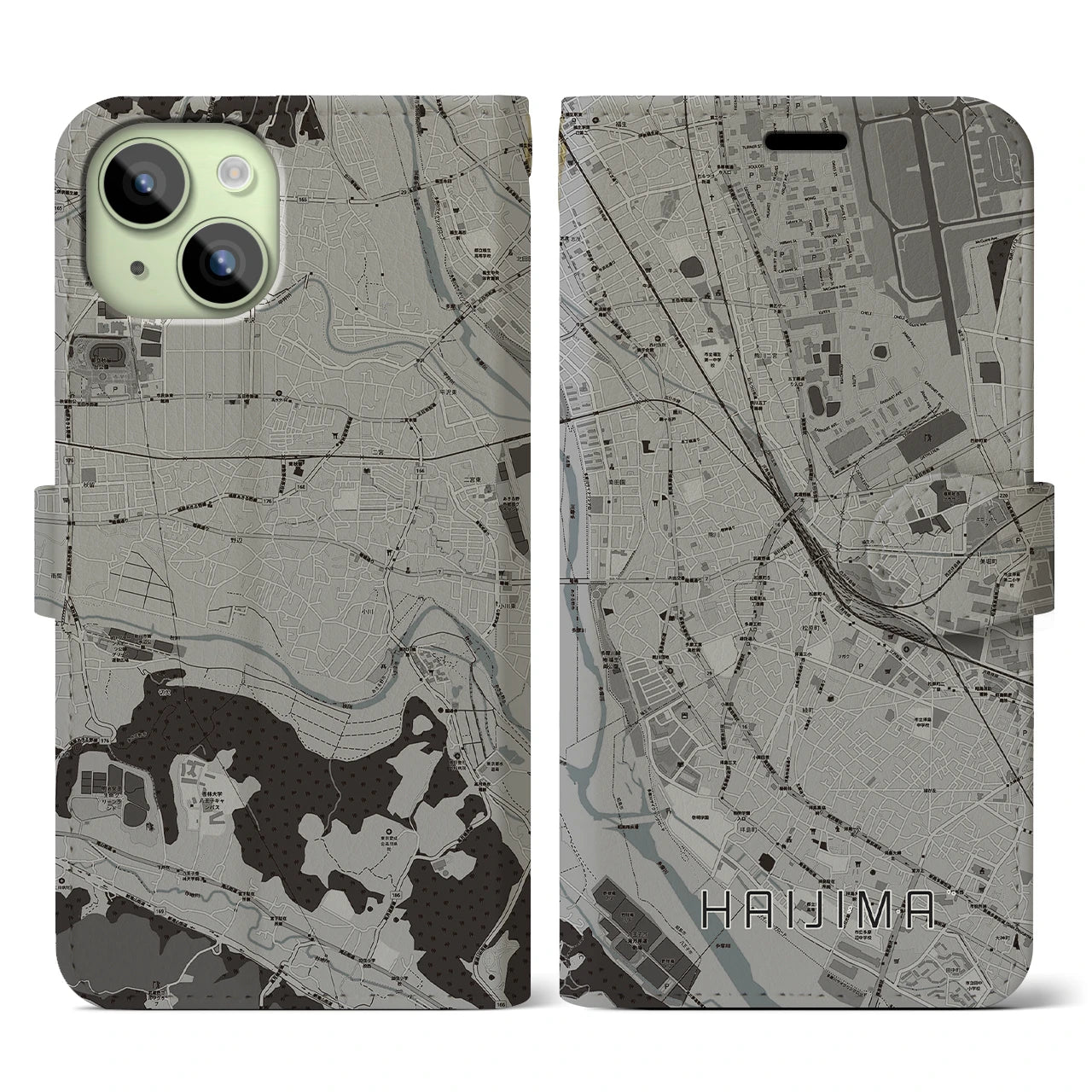 【拝島】地図柄iPhoneケース（手帳両面タイプ・モノトーン）iPhone 15 用
