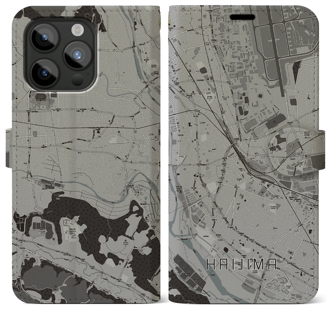 【拝島】地図柄iPhoneケース（手帳両面タイプ・モノトーン）iPhone 15 Pro Max 用