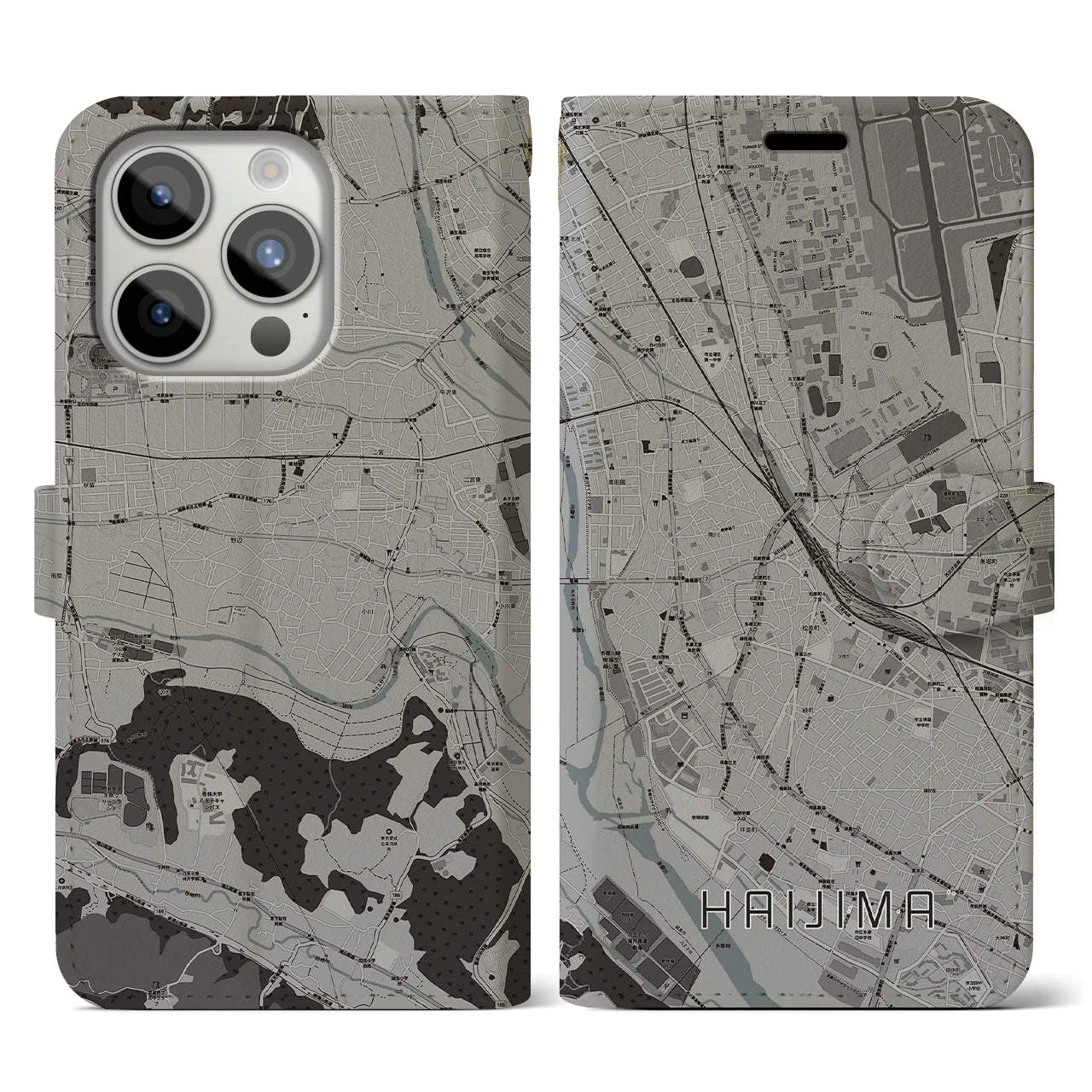 【拝島】地図柄iPhoneケース（手帳両面タイプ・モノトーン）iPhone 15 Pro 用