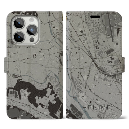 【拝島（東京都）】地図柄iPhoneケース（手帳タイプ）モノトーン・iPhone 15 Pro 用