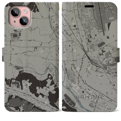 【拝島（東京都）】地図柄iPhoneケース（手帳タイプ）モノトーン・iPhone 15 Plus 用