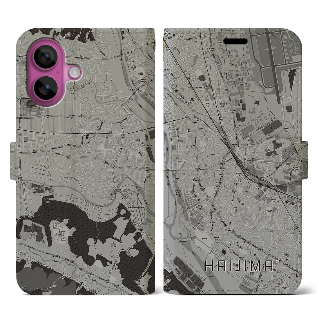 【拝島（東京都）】地図柄iPhoneケース（手帳タイプ）モノトーン・iPhone 16 Pro 用