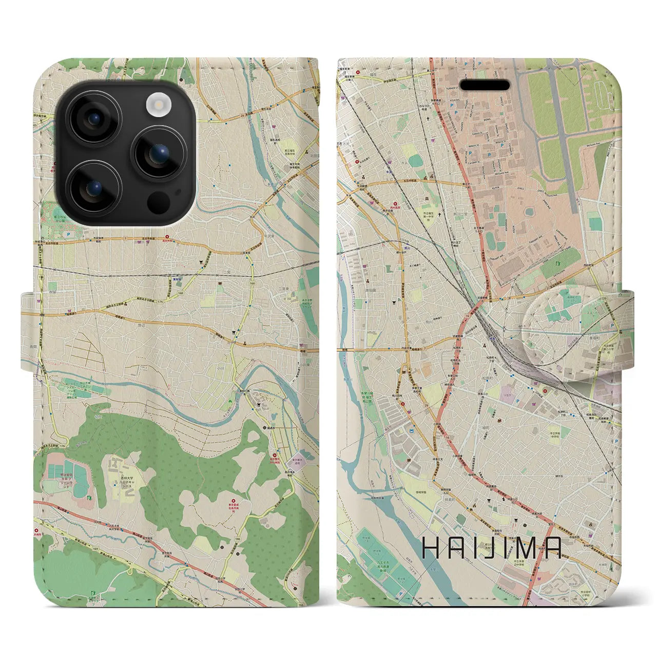 【拝島（東京都）】地図柄iPhoneケース（手帳タイプ）ナチュラル・iPhone 16 用