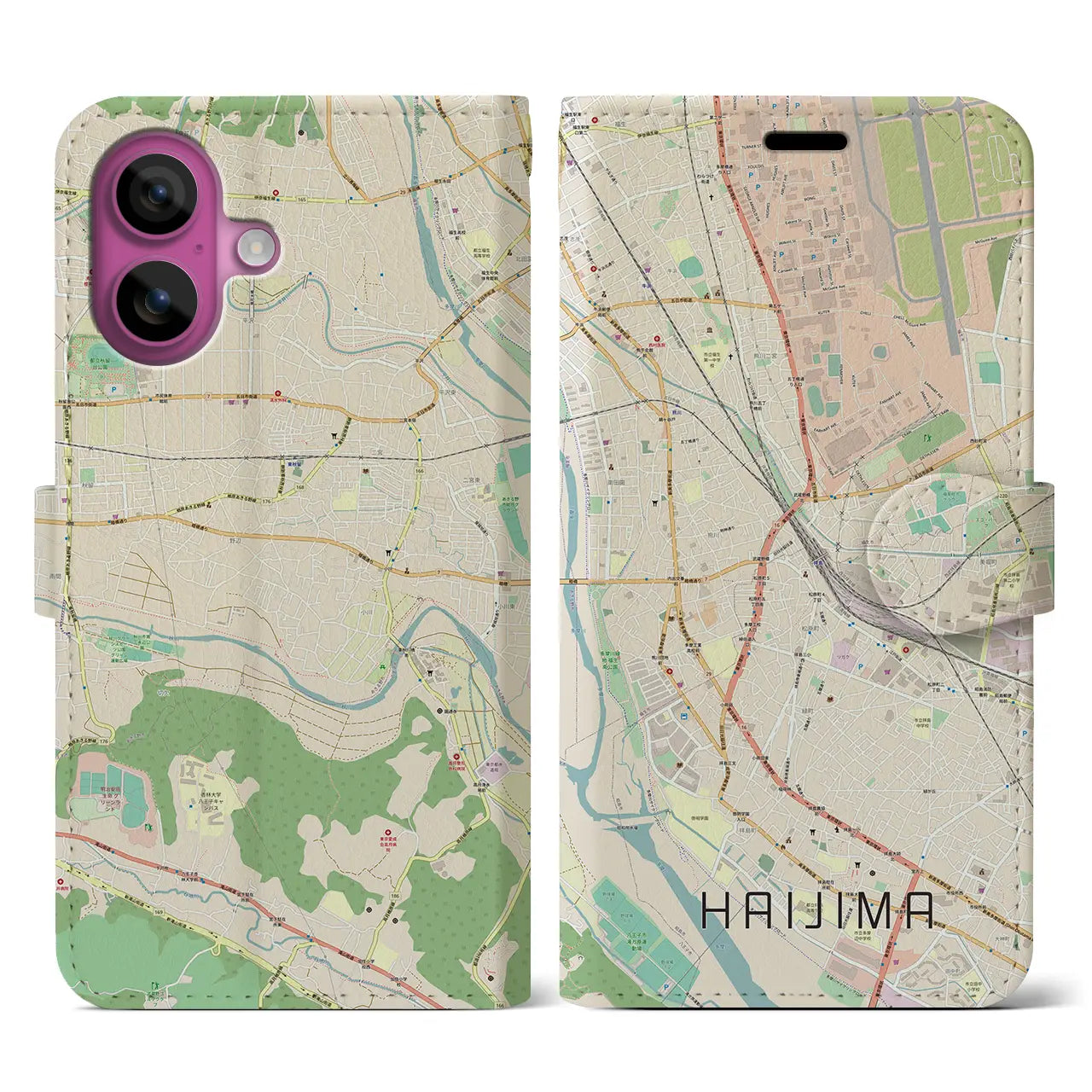 【拝島（東京都）】地図柄iPhoneケース（手帳タイプ）ナチュラル・iPhone 16 Pro 用