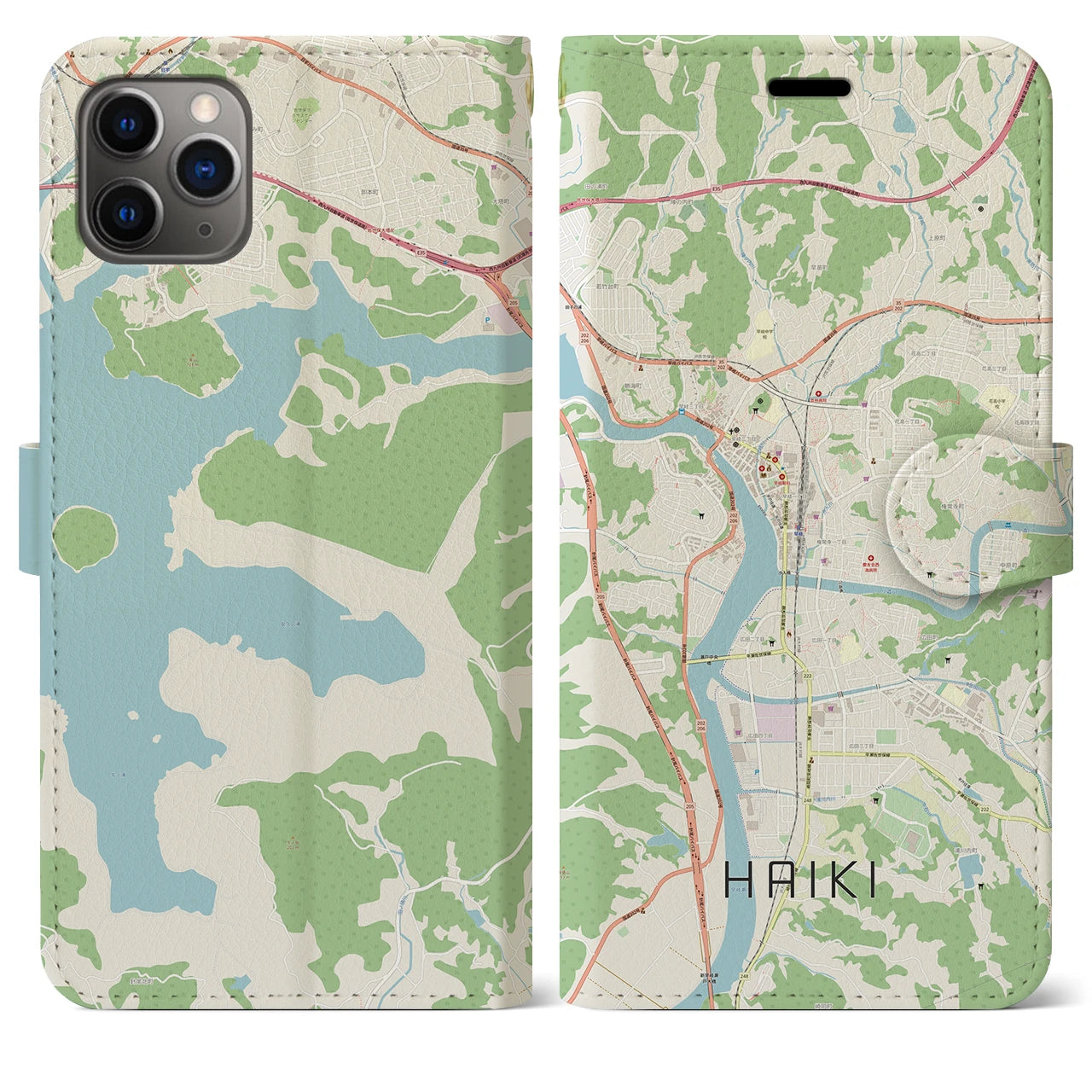 【早岐（長崎県）】地図柄iPhoneケース（手帳タイプ）ナチュラル・iPhone 11 Pro Max 用