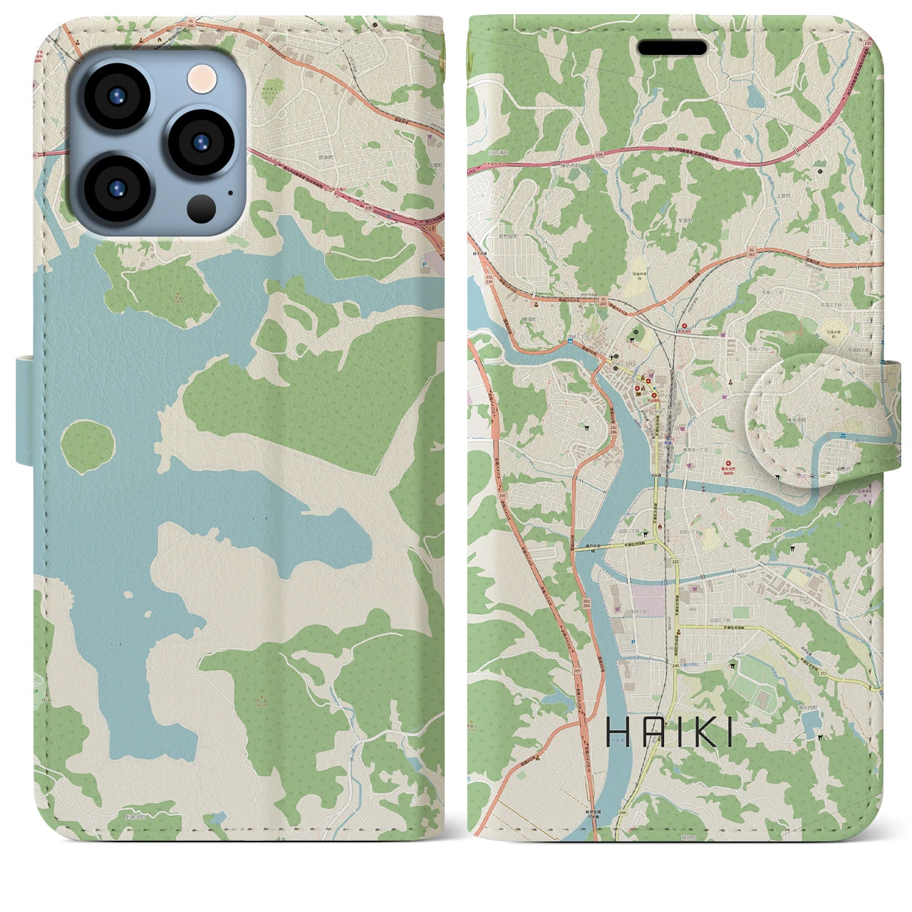 【早岐（長崎県）】地図柄iPhoneケース（手帳タイプ）ナチュラル・iPhone 13 Pro Max 用