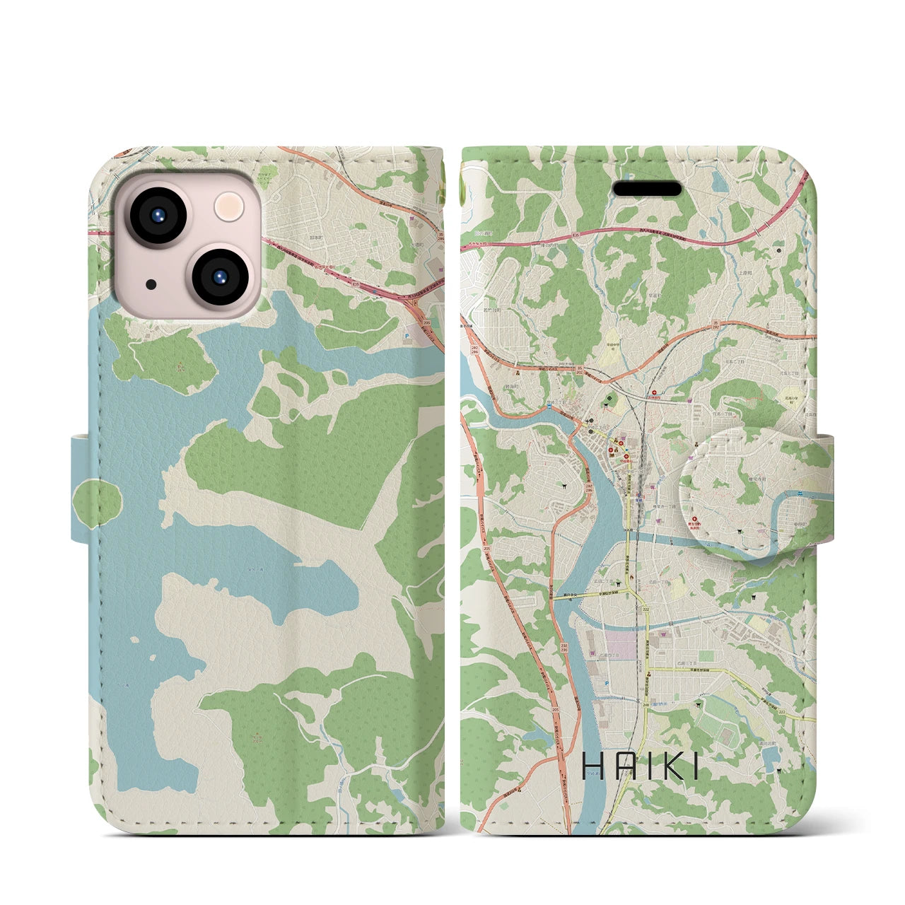 【早岐（長崎県）】地図柄iPhoneケース（手帳タイプ）ナチュラル・iPhone 13 mini 用