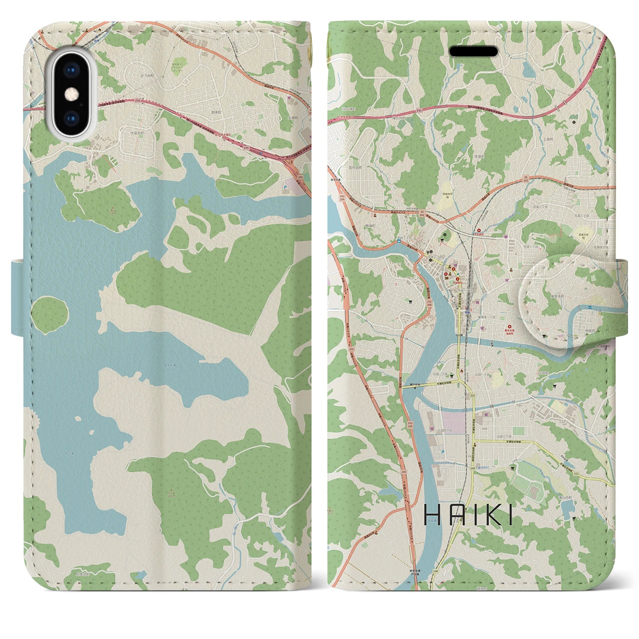 【早岐（長崎県）】地図柄iPhoneケース（手帳タイプ）ナチュラル・iPhone XS Max 用