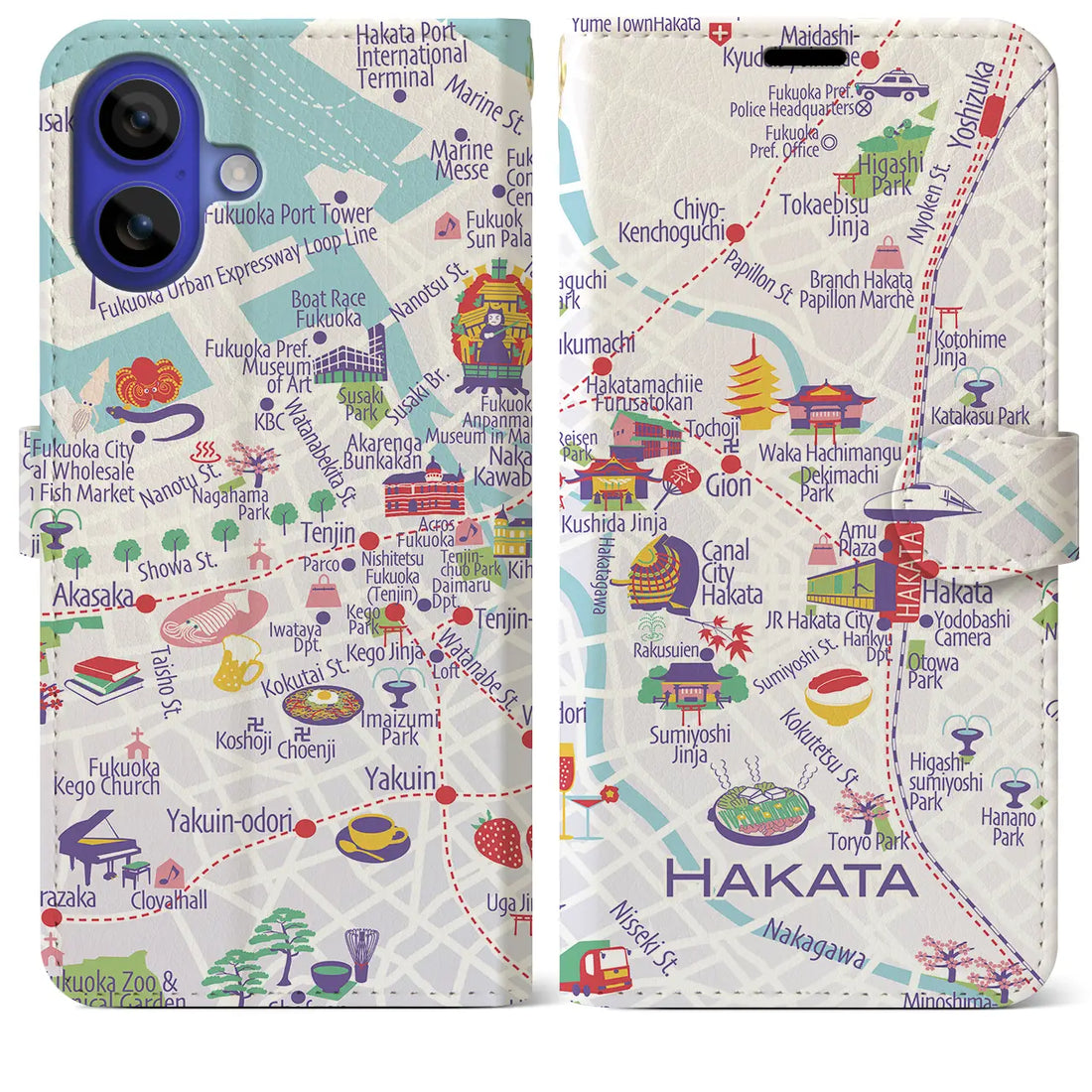 【博多(イラスト)】イラストマップiPhoneケース(手帳タイプ)ブライト・iPhone 16 Pro Max 用