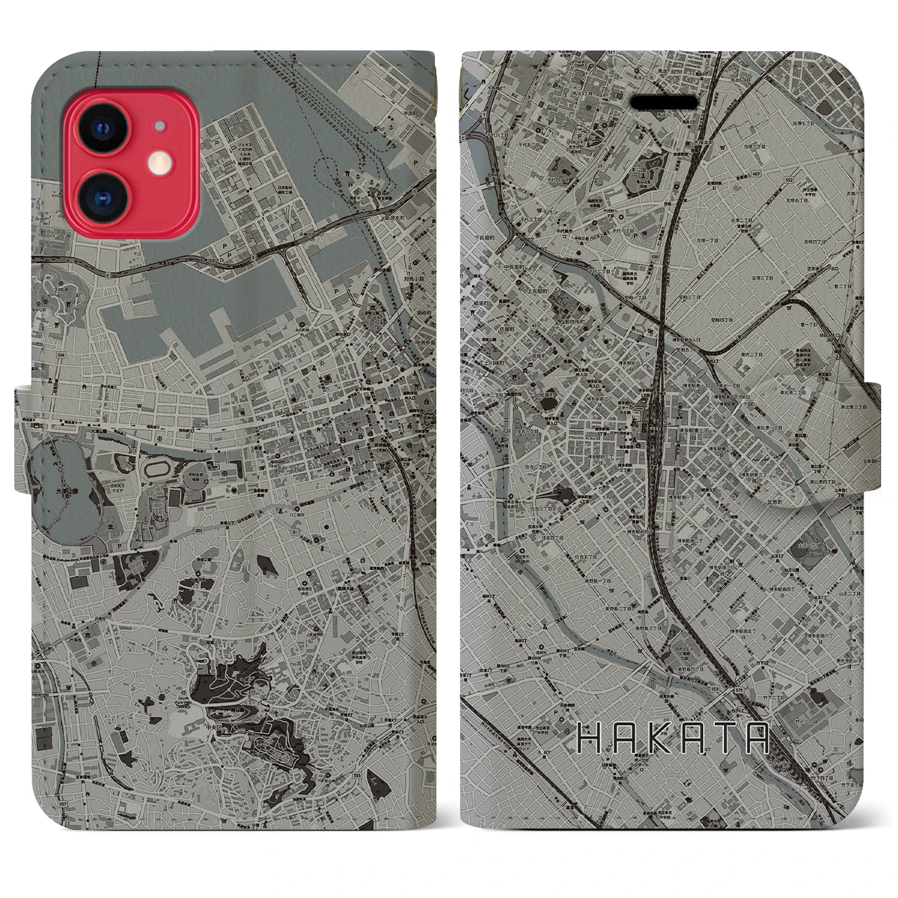 【博多2（福岡県）】地図柄iPhoneケース（手帳タイプ）モノトーン・iPhone 11 用