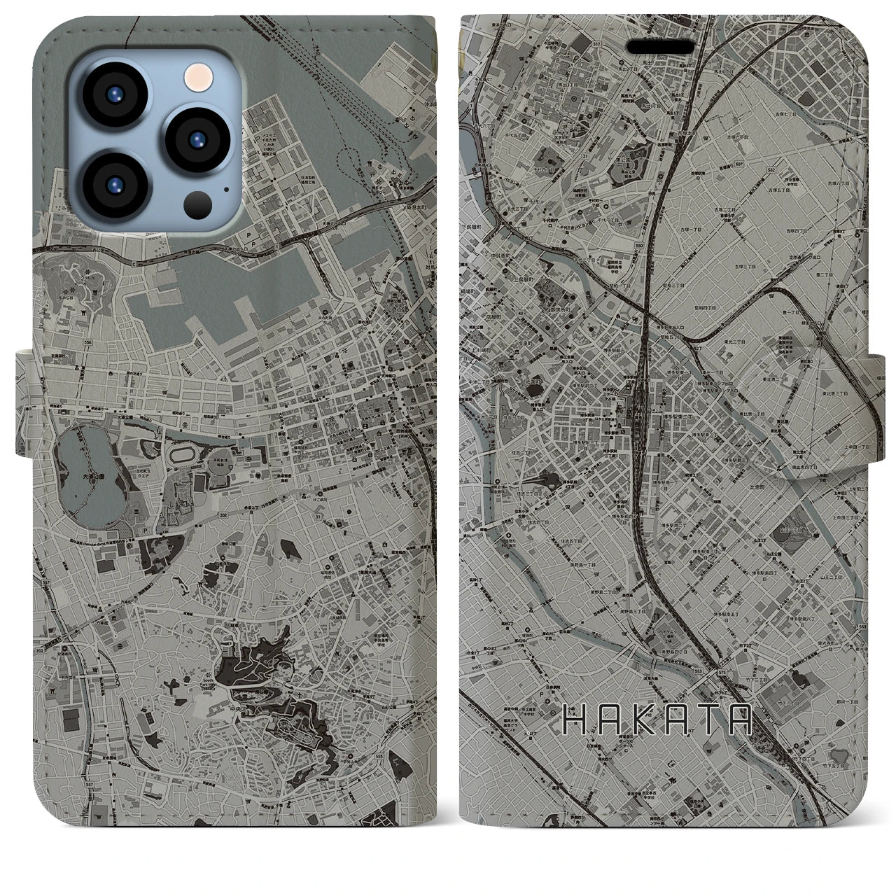 【博多2】地図柄iPhoneケース（手帳両面タイプ・モノトーン）iPhone 13 Pro Max 用