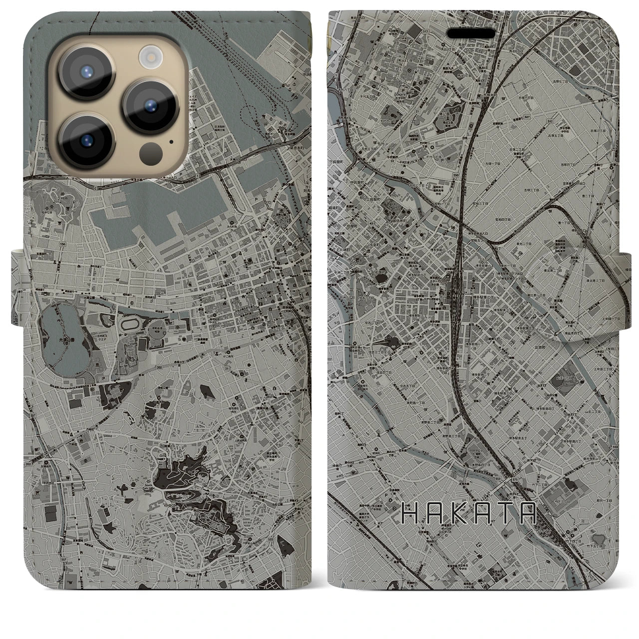 【博多2】地図柄iPhoneケース（手帳両面タイプ・モノトーン）iPhone 14 Pro Max 用