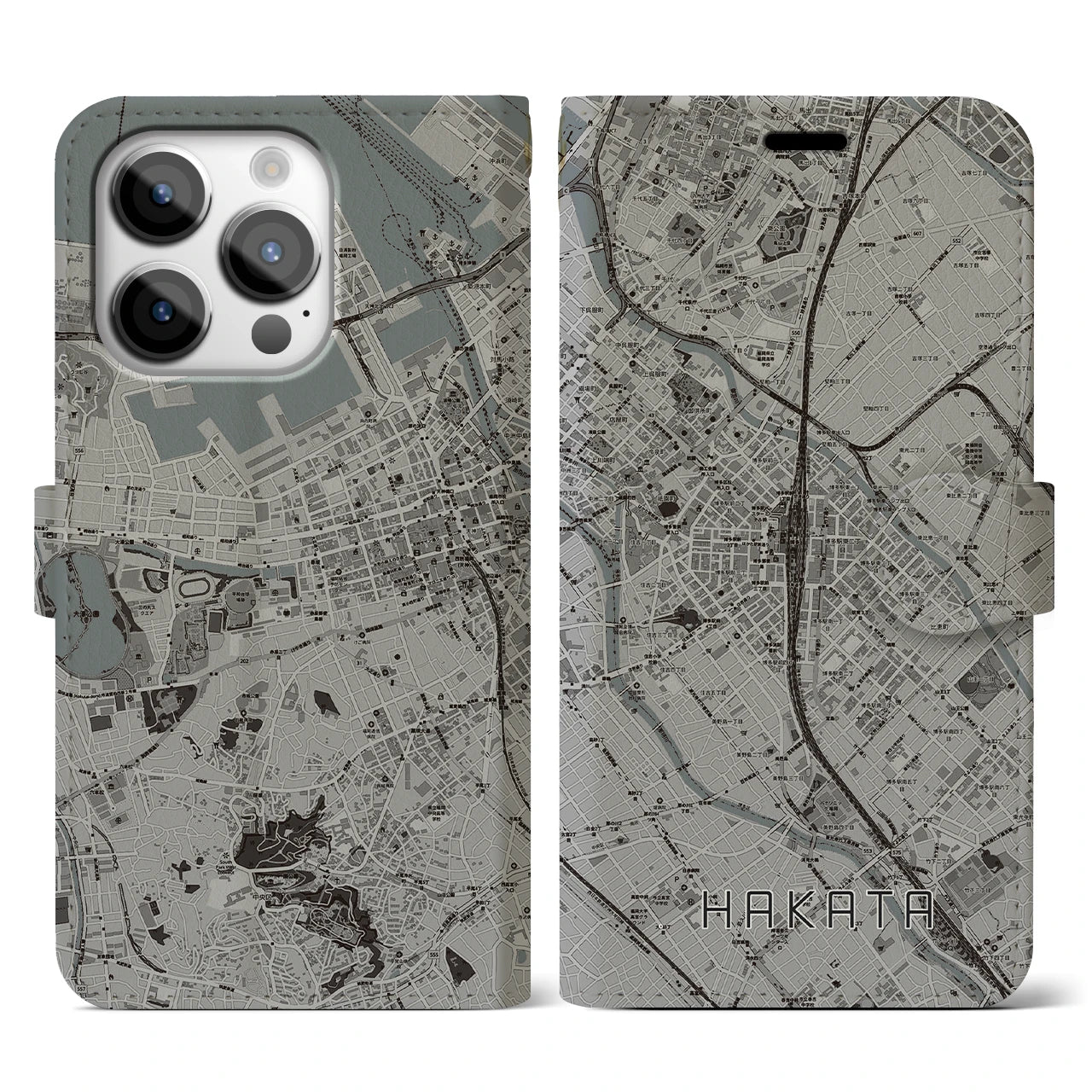 【博多2】地図柄iPhoneケース（手帳両面タイプ・モノトーン）iPhone 14 Pro 用