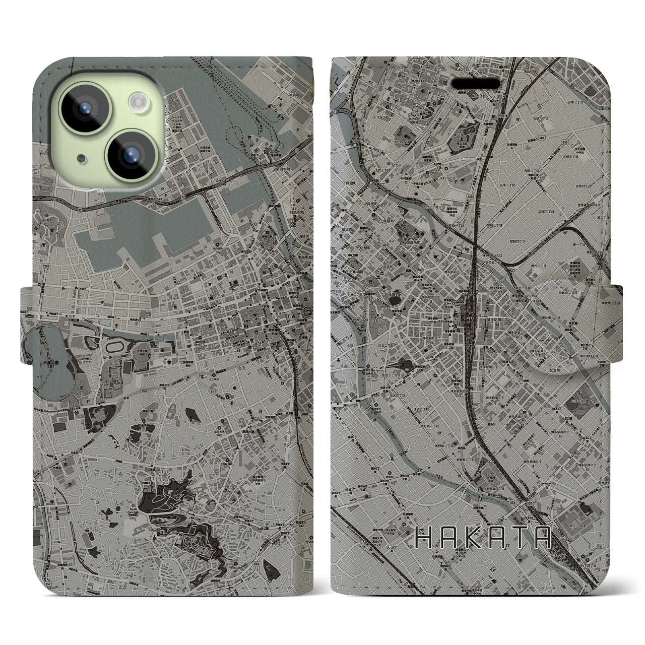 【博多2】地図柄iPhoneケース（手帳両面タイプ・モノトーン）iPhone 15 用