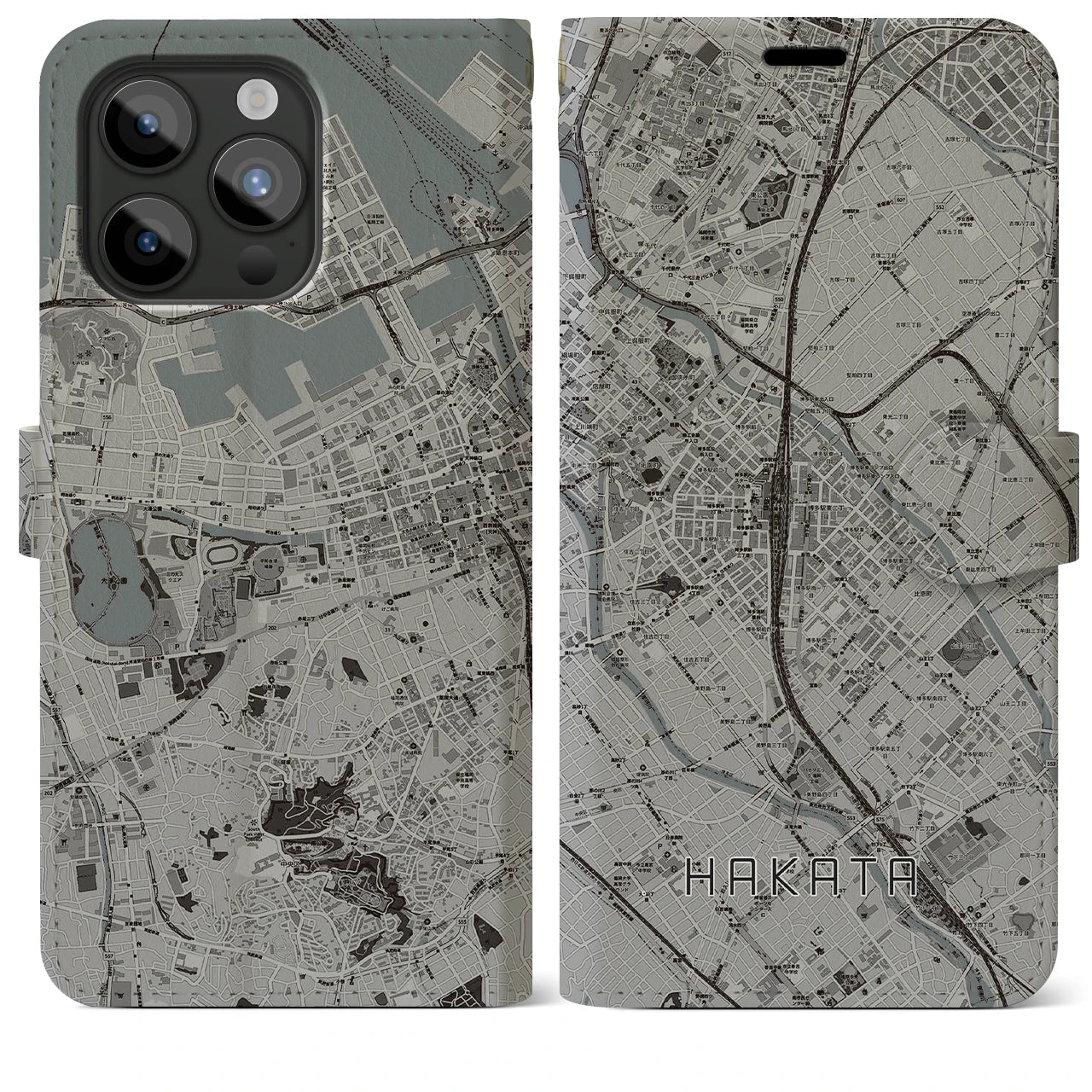 【博多2】地図柄iPhoneケース（手帳両面タイプ・モノトーン）iPhone 15 Pro Max 用