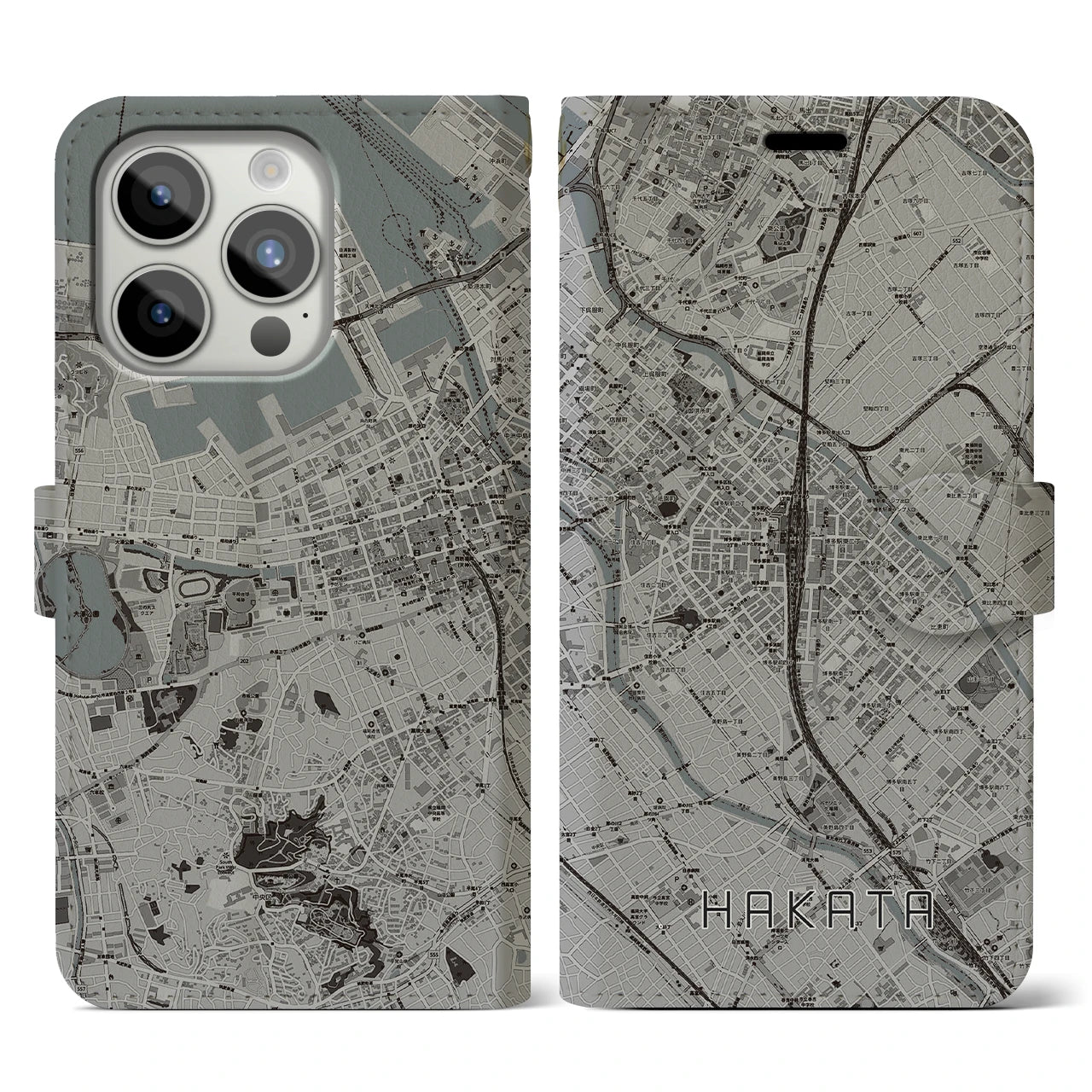 【博多2】地図柄iPhoneケース（手帳両面タイプ・モノトーン）iPhone 15 Pro 用