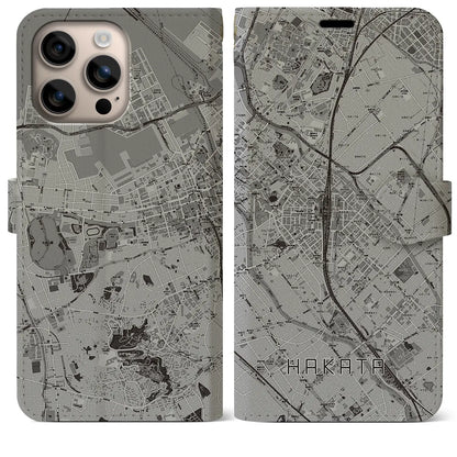 【博多2（福岡県）】地図柄iPhoneケース（手帳タイプ）モノトーン・iPhone 16 Plus 用