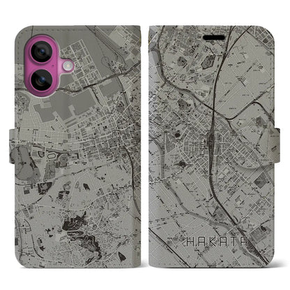 【博多2（福岡県）】地図柄iPhoneケース（手帳タイプ）モノトーン・iPhone 16 Pro 用