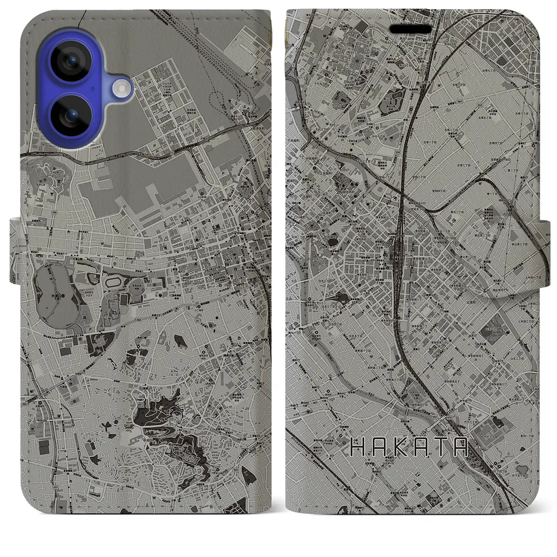 【博多2(福岡県)】地図柄iPhoneケース(手帳タイプ)モノトーン・iPhone 16 Pro Max 用