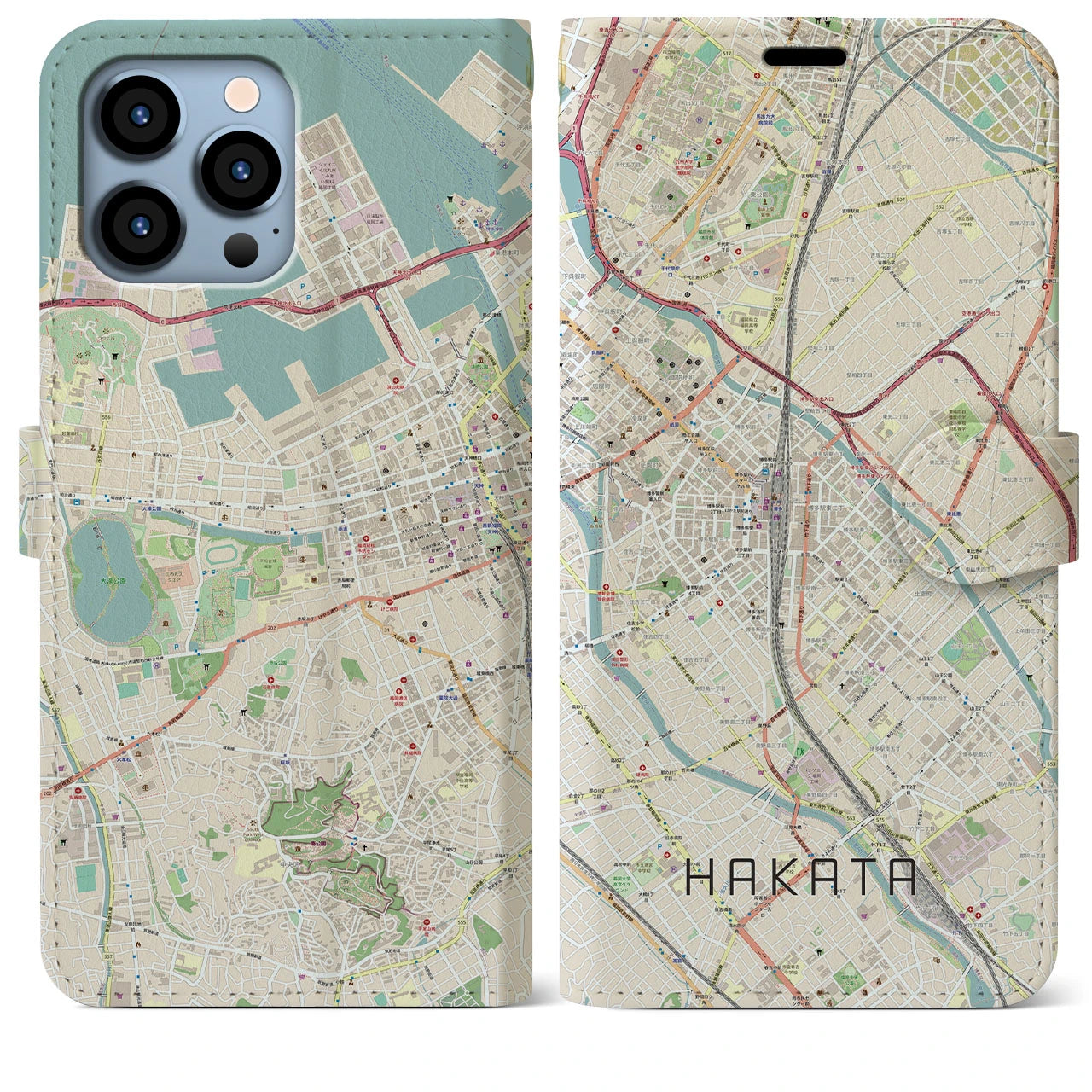 【博多2（福岡県）】地図柄iPhoneケース（手帳タイプ）ナチュラル・iPhone 13 Pro Max 用