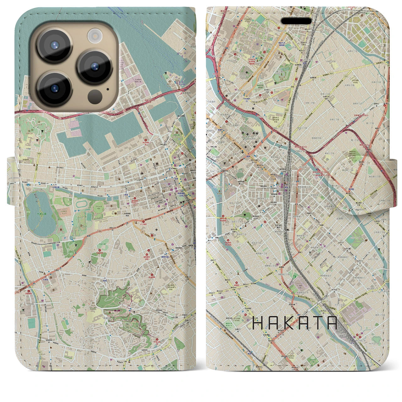 【博多2（福岡県）】地図柄iPhoneケース（手帳タイプ）ナチュラル・iPhone 14 Pro Max 用