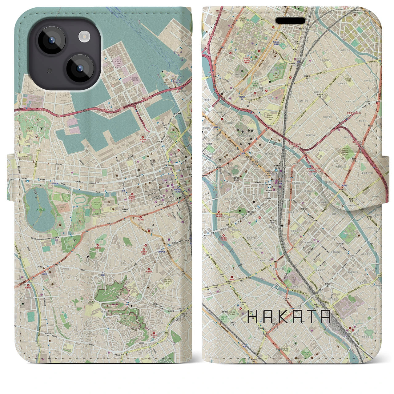 【博多2（福岡県）】地図柄iPhoneケース（手帳タイプ）ナチュラル・iPhone 14 Plus 用