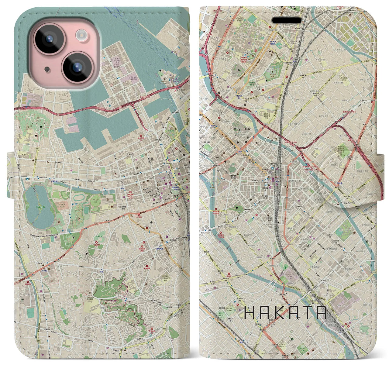 【博多2（福岡県）】地図柄iPhoneケース（手帳タイプ）ナチュラル・iPhone 15 Plus 用