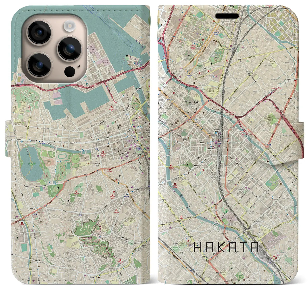 【博多2（福岡県）】地図柄iPhoneケース（手帳タイプ）ナチュラル・iPhone 16 Plus 用