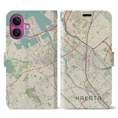 【博多2（福岡県）】地図柄iPhoneケース（手帳タイプ）ナチュラル・iPhone 16 Pro 用