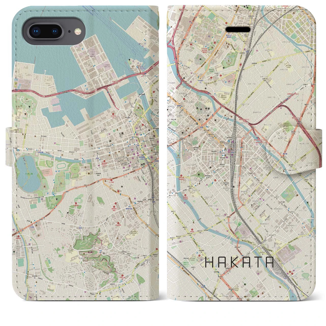 【博多2（福岡県）】地図柄iPhoneケース（手帳タイプ）ナチュラル・iPhone 8Plus /7Plus / 6sPlus / 6Plus 用