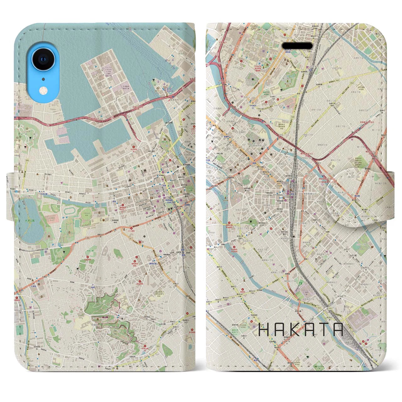 【博多2（福岡県）】地図柄iPhoneケース（手帳タイプ）ナチュラル・iPhone XR 用