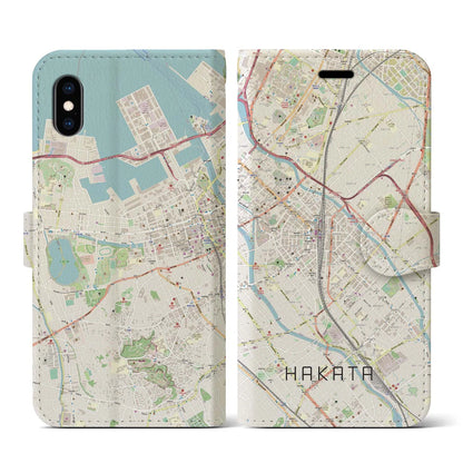 【博多2（福岡県）】地図柄iPhoneケース（手帳タイプ）ナチュラル・iPhone XS / X 用