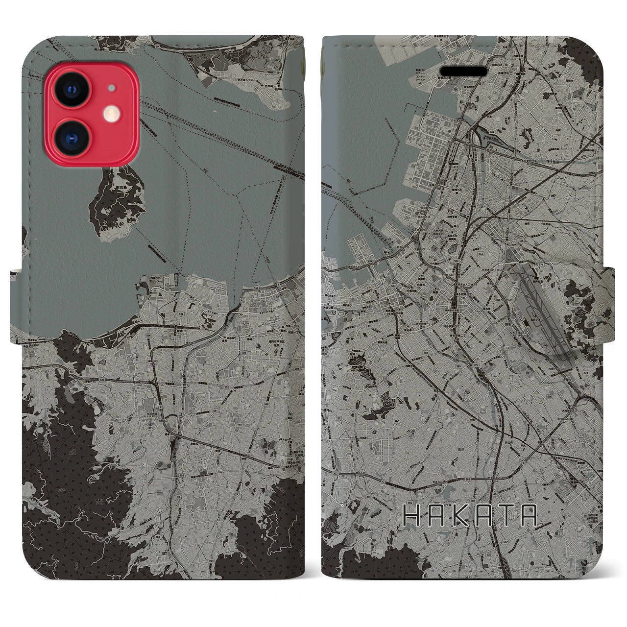 【博多】地図柄iPhoneケース（手帳両面タイプ・モノトーン）iPhone 11 用