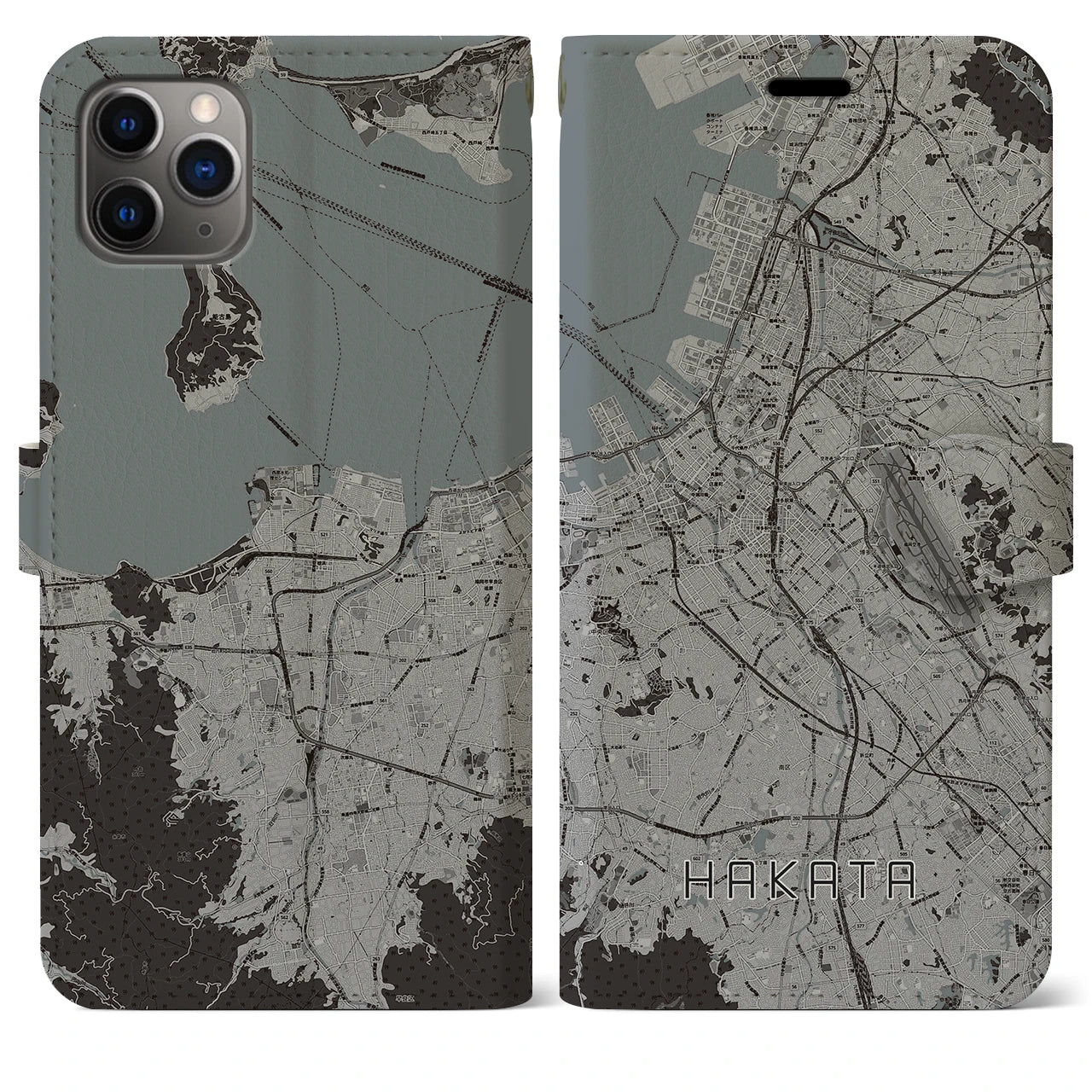 【博多】地図柄iPhoneケース（手帳両面タイプ・モノトーン）iPhone 11 Pro Max 用
