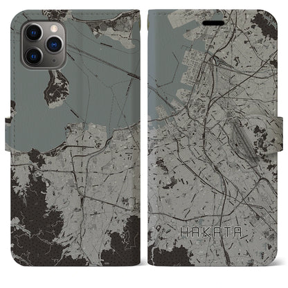 【博多（福岡県）】地図柄iPhoneケース（手帳タイプ）モノトーン・iPhone 11 Pro Max 用