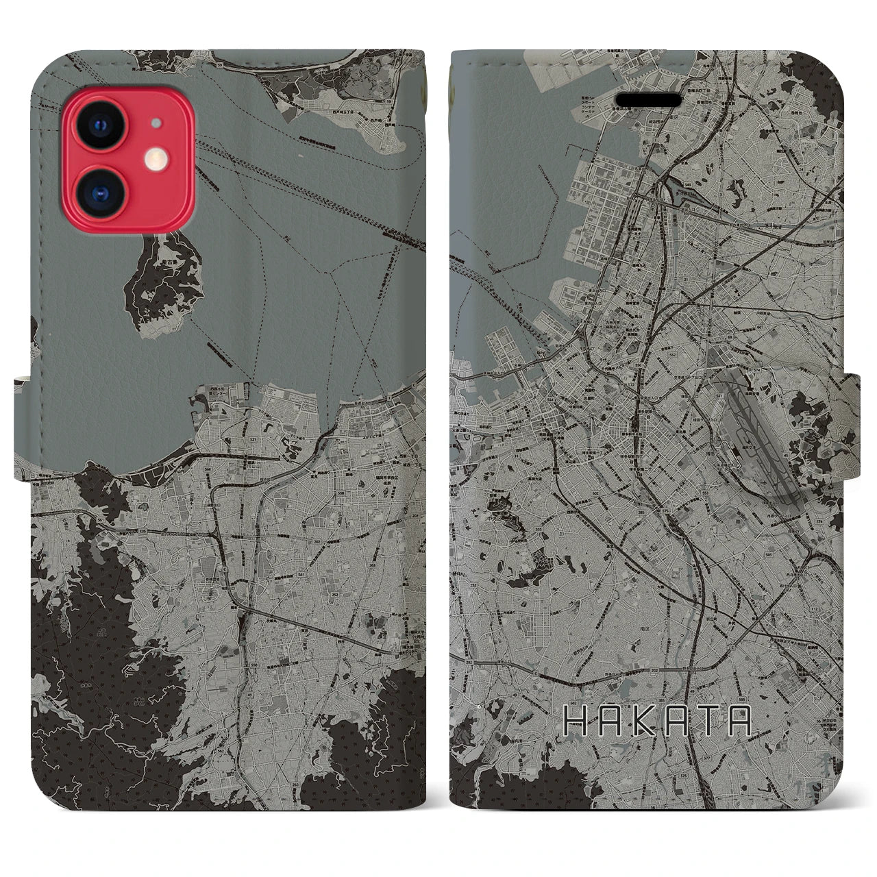 【博多（福岡県）】地図柄iPhoneケース（手帳タイプ）モノトーン・iPhone 11 用