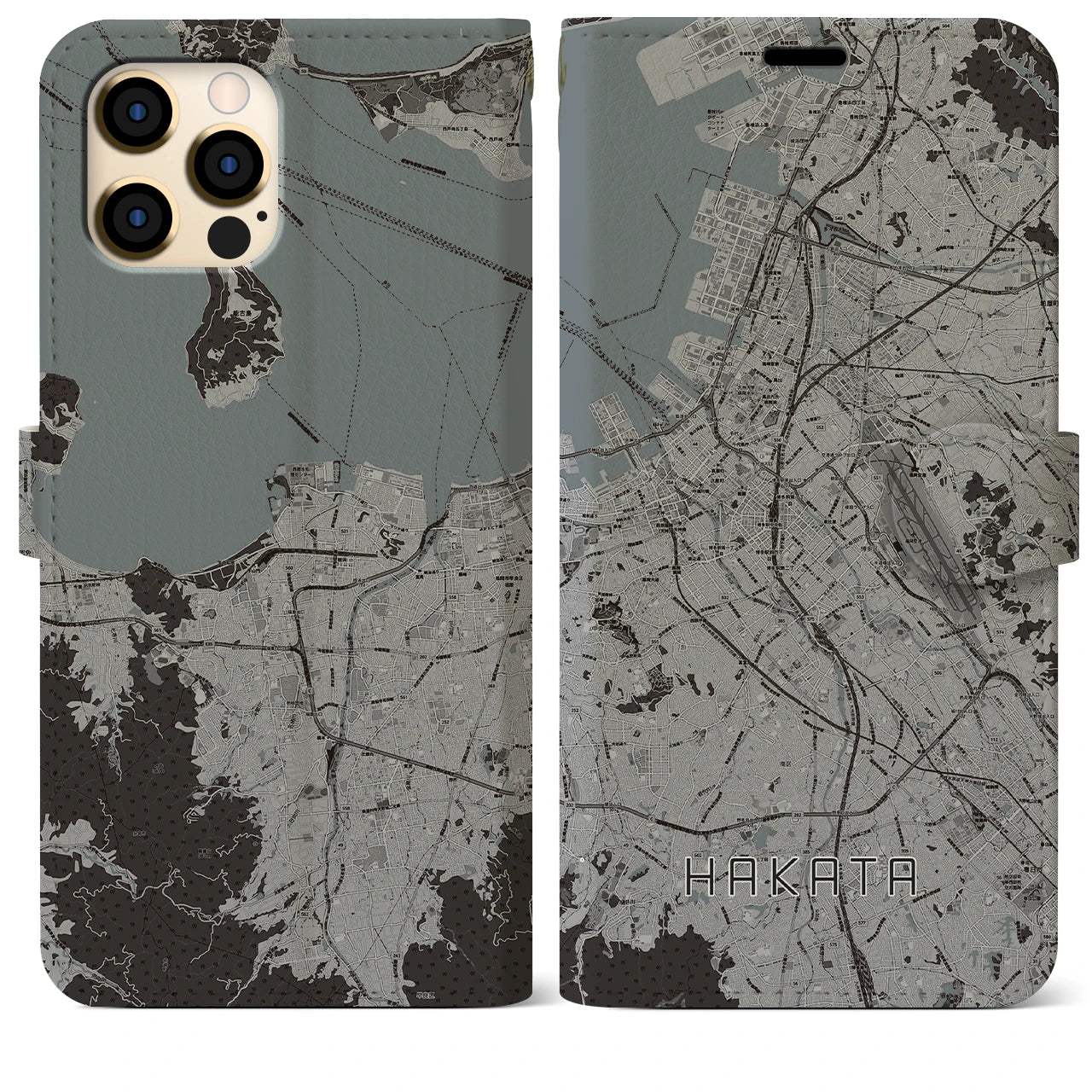 【博多】地図柄iPhoneケース（手帳両面タイプ・モノトーン）iPhone 12 Pro Max 用