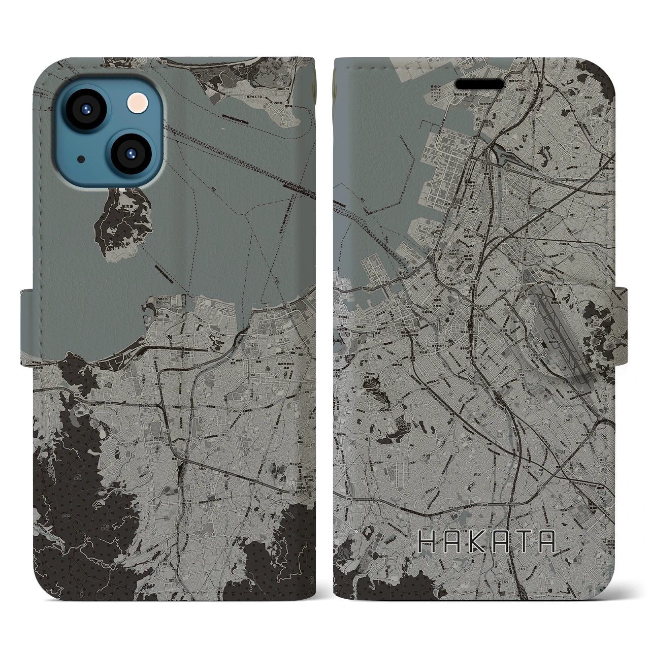 【博多】地図柄iPhoneケース（手帳両面タイプ・モノトーン）iPhone 13 用