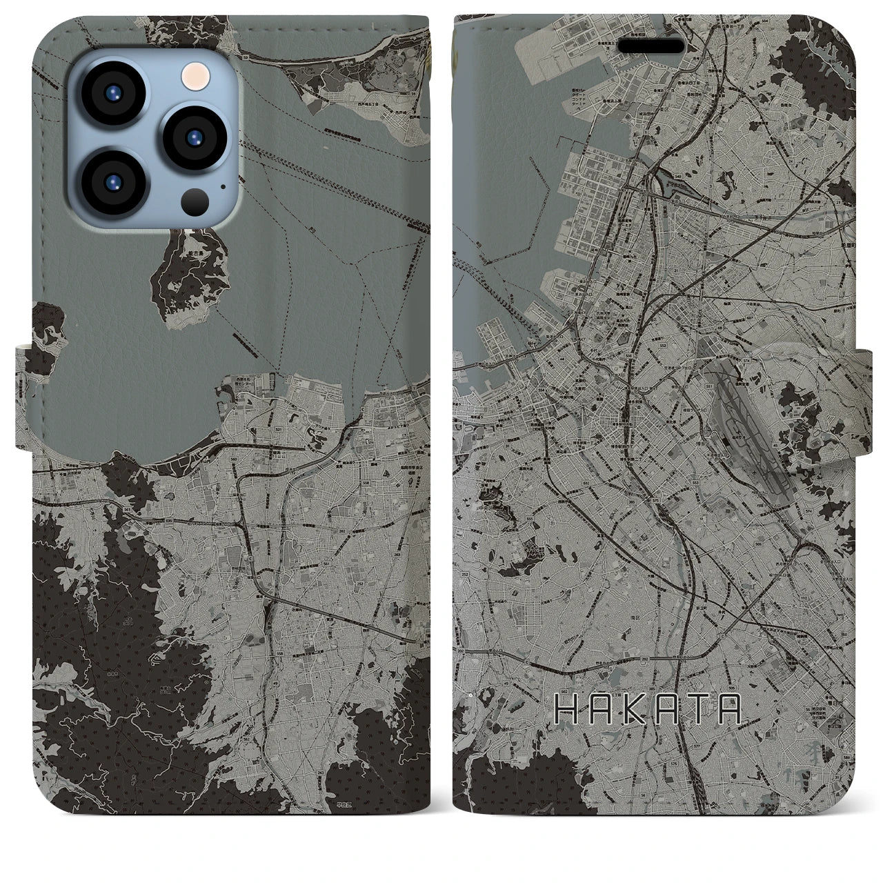 【博多】地図柄iPhoneケース（手帳両面タイプ・モノトーン）iPhone 13 Pro Max 用