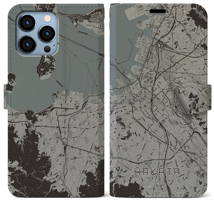 【博多（福岡県）】地図柄iPhoneケース（手帳タイプ）モノトーン・iPhone 13 Pro Max 用