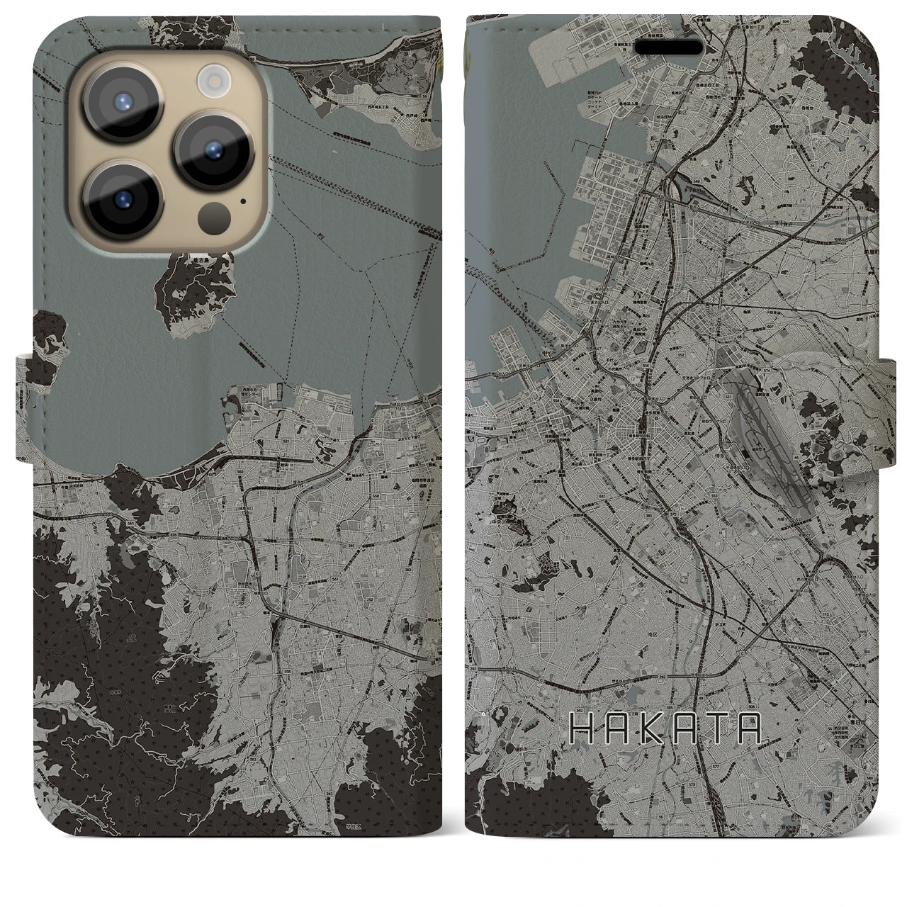 【博多】地図柄iPhoneケース（手帳両面タイプ・モノトーン）iPhone 14 Pro Max 用