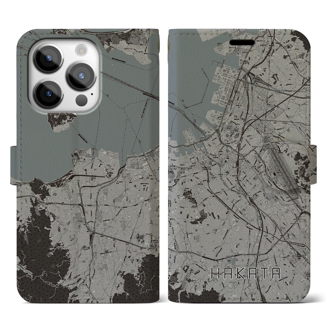 【博多】地図柄iPhoneケース（手帳両面タイプ・モノトーン）iPhone 14 Pro 用