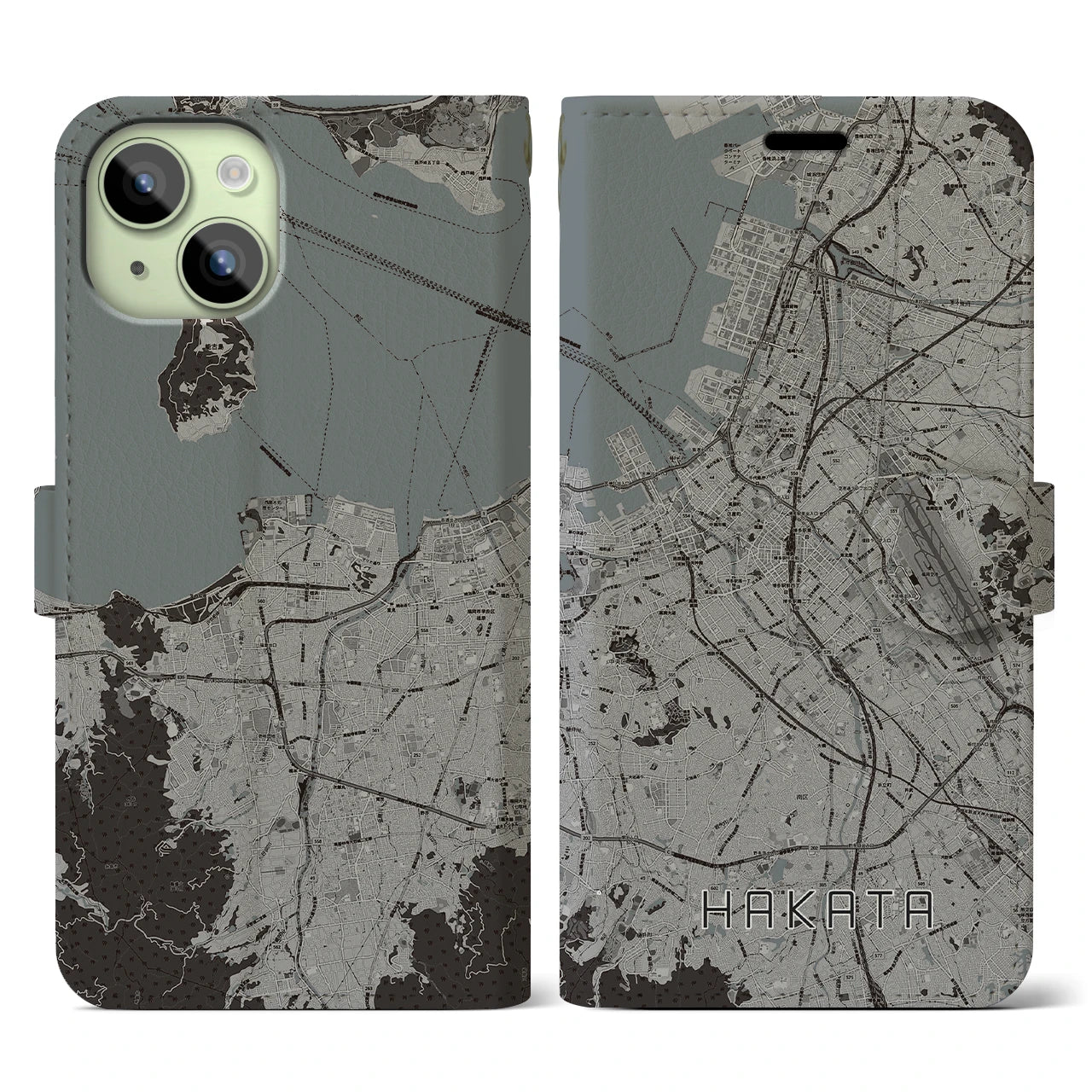 【博多】地図柄iPhoneケース（手帳両面タイプ・モノトーン）iPhone 15 用