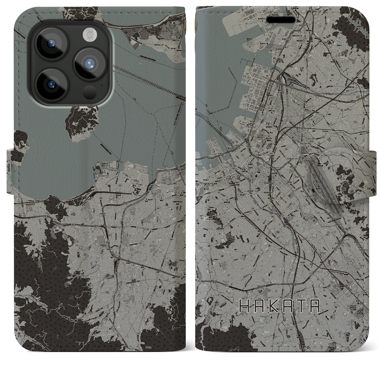【博多】地図柄iPhoneケース（手帳両面タイプ・モノトーン）iPhone 15 Pro Max 用