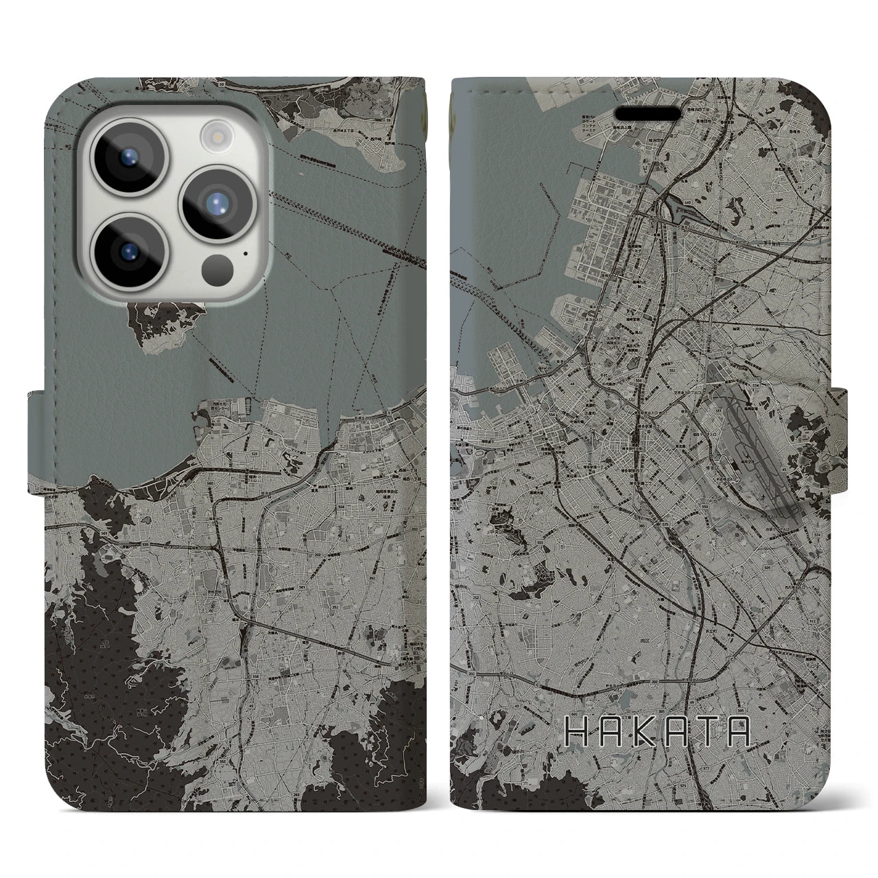 【博多】地図柄iPhoneケース（手帳両面タイプ・モノトーン）iPhone 15 Pro 用