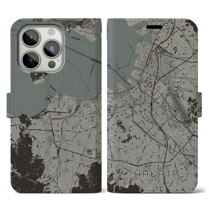 【博多（福岡県）】地図柄iPhoneケース（手帳タイプ）モノトーン・iPhone 15 Pro 用