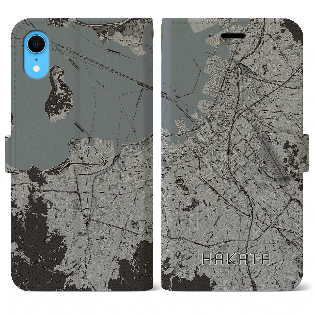 【博多】地図柄iPhoneケース（手帳両面タイプ・モノトーン）iPhone XR 用