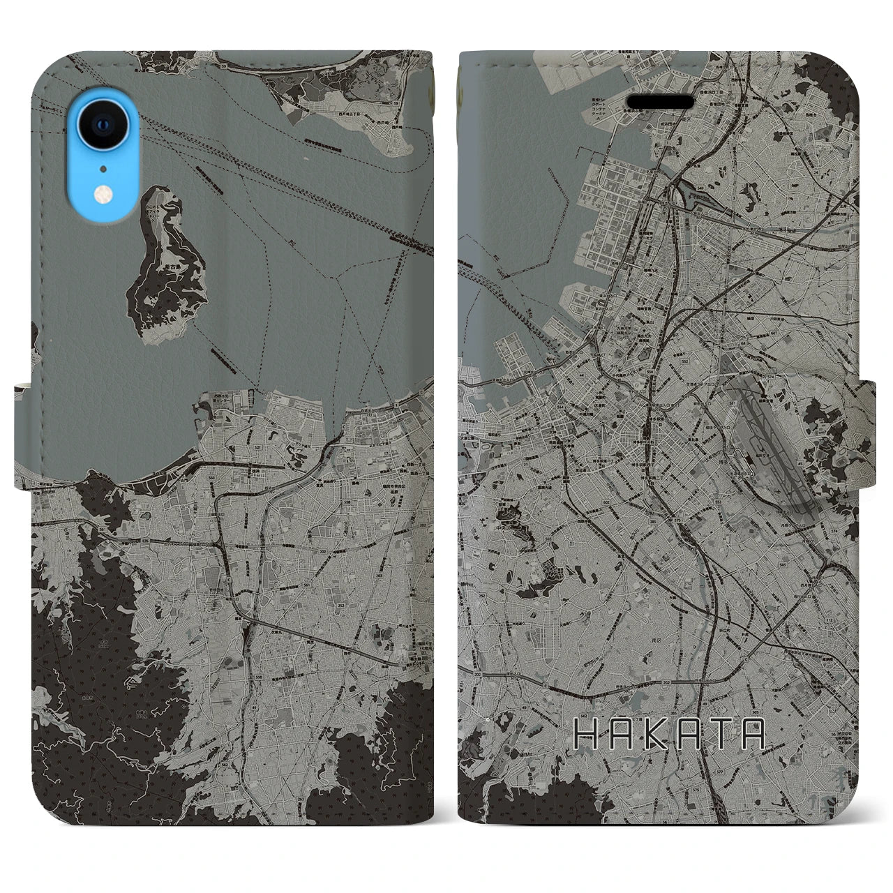【博多（福岡県）】地図柄iPhoneケース（手帳タイプ）モノトーン・iPhone XR 用
