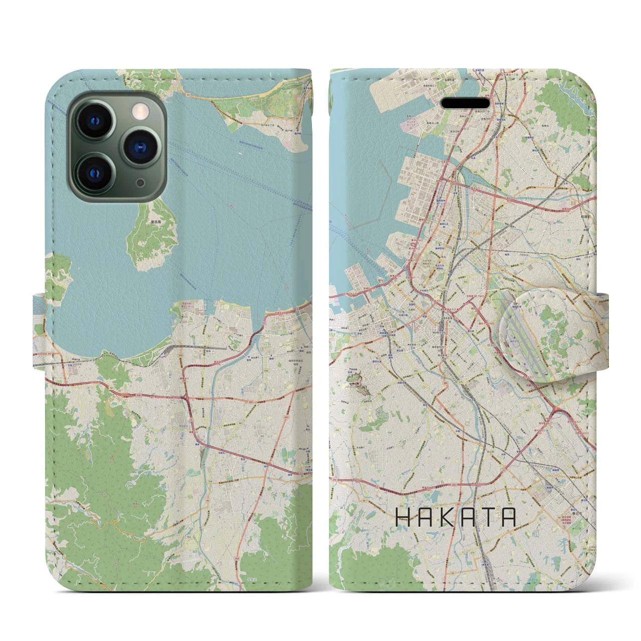 【博多（福岡県）】地図柄iPhoneケース（手帳タイプ）ナチュラル・iPhone 11 Pro 用