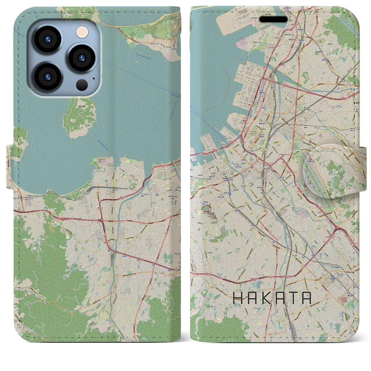 【博多（福岡県）】地図柄iPhoneケース（手帳タイプ）ナチュラル・iPhone 13 Pro Max 用